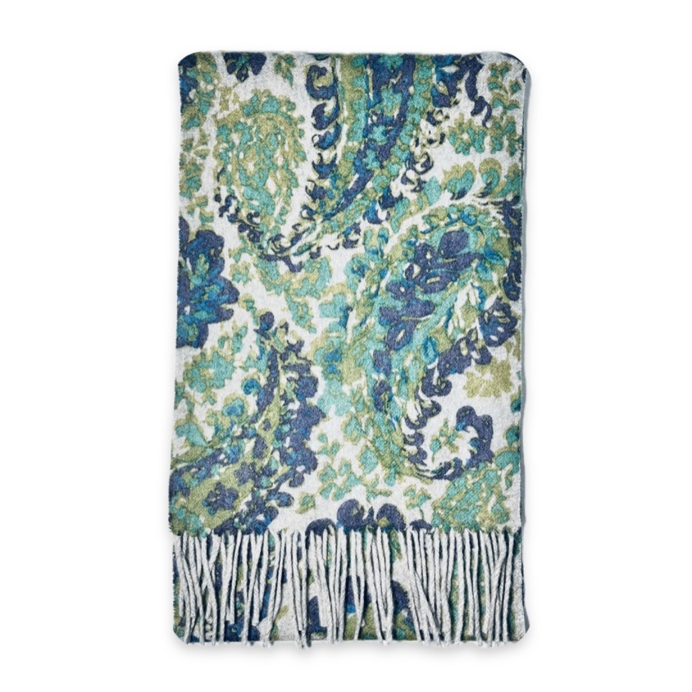 Charter Club Cashmere Paisley Scarf Fringe Jewel-Tone Navy Green Teal Gray 34x10